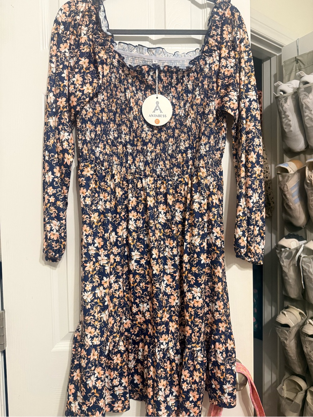 Women’s Navy Floral Smocked Long-Sleeve Dress